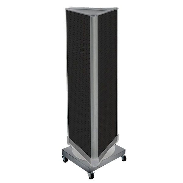 Three-Sided Revolving Pegboard Tower Floor Display on Wheeled Metal Base. Spinner Rack Stand.